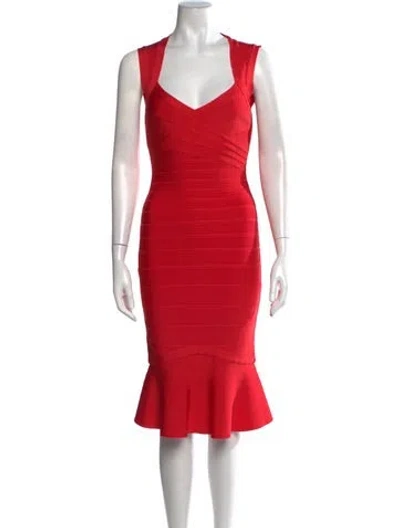 Pre-owned Herve By Herve Leger V-neck Knee-length Dress In Red