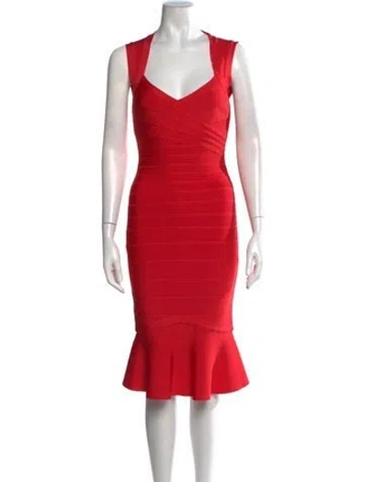 Pre-owned Herve By Herve Leger V-neck Knee-length Dress In Red