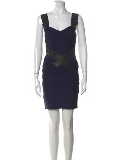 Pre-owned Herve By Herve Leger V-neck Mini Dress In Blue