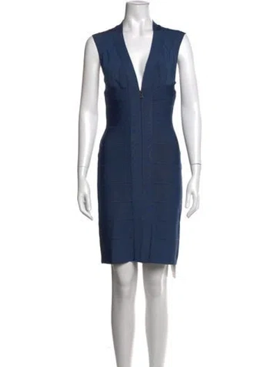 Pre-owned Herve By Herve Leger V-neck Mini Dress In Blue
