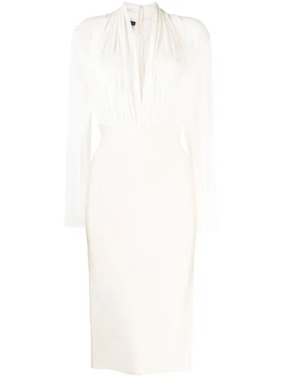 Herve L Leroux Long-sleeve Plunge-neck Dress In White