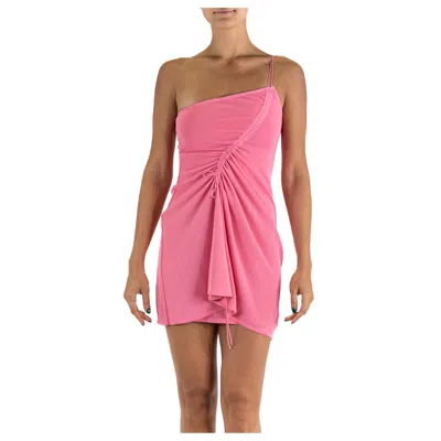 Pre-owned Herve Leger 1990s  Bubble Gum Pink Rayon Blend Jersey One Shoulder Cocktail Dress