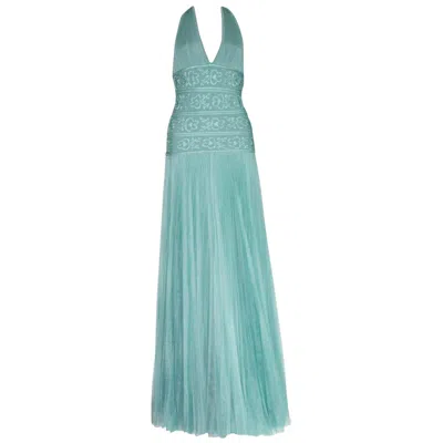 Pre-owned Herve Leger 1990s Vintage Seafoam Bandage Gown Maxi Dress Plissee Pleats Xs In Blue