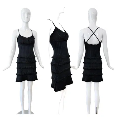 Pre-owned Herve Leger 90's Vintage Ruffle Mini Little Black Dress