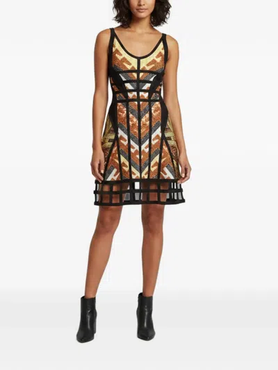 Pre-owned Herve Leger Amella Jacquard Mini Dress In Black