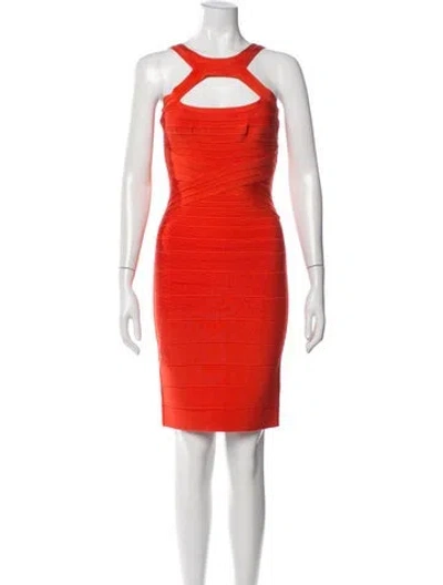 Pre-owned Herve Leger Asymmetrical Knee-length Dress In Orange