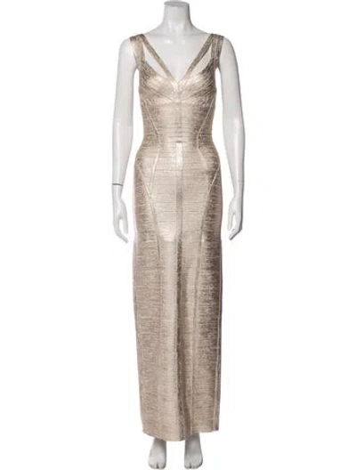 Pre-owned Herve Leger Asymmetrical Long Dress In Neutral