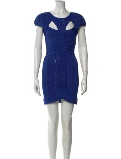 Pre-owned Herve Leger Asymmetrical Mini Dress In Blue