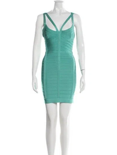 Pre-owned Herve Leger Asymmetrical Mini Dress In Blue