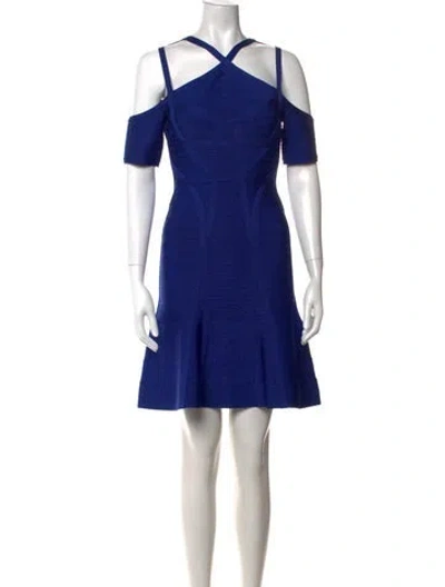 Pre-owned Herve Leger Asymmetrical Mini Dress In Blue