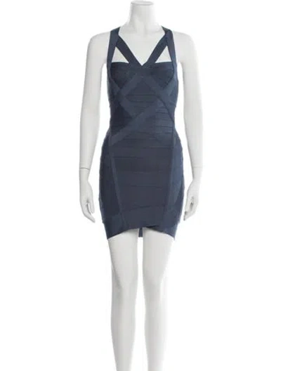 Pre-owned Herve Leger Asymmetrical Mini Dress In Blue
