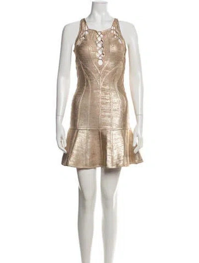 Pre-owned Herve Leger Asymmetrical Mini Dress In Gold