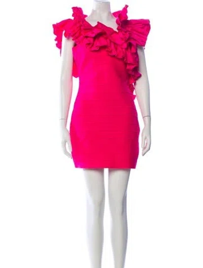 Pre-owned Herve Leger Asymmetrical Mini Dress In Pink