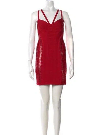 Pre-owned Herve Leger Asymmetrical Mini Dress In Red