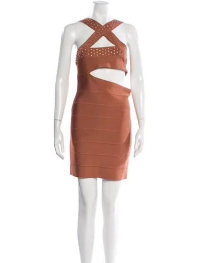 Pre-owned Herve Leger Asymmetrical Mini Dress W/ Tags In Brown