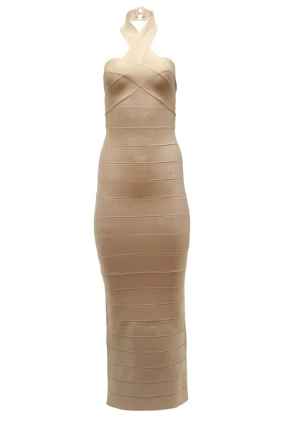 Herve Leger Bandage Halter Neck Gown In Beige Rayon