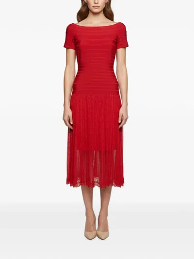 Pre-owned Herve Leger Bandage Lace Midi Dress In Red