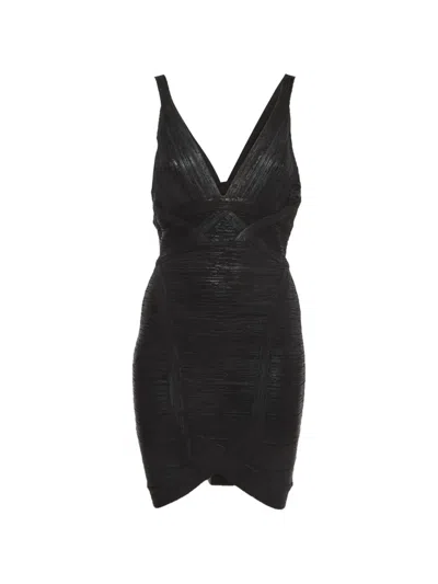 Pre-owned Herve Leger Bandage V-neck Dress In Black