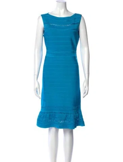 Pre-owned Herve Leger Bateau Neckline Knee-length Dress In Blue