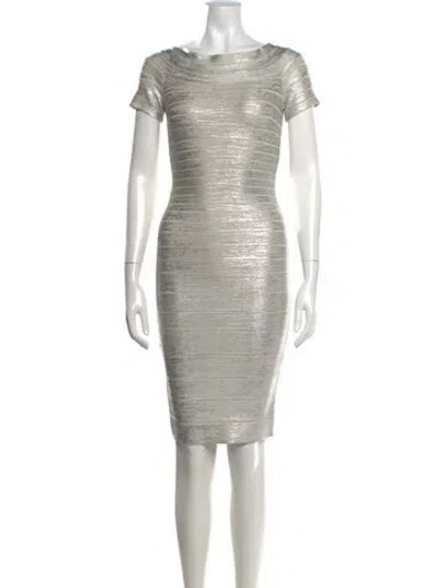 Pre-owned Herve Leger Bateau Neckline Knee-length Dress In Silver