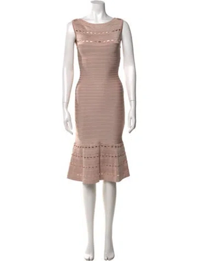 Pre-owned Herve Leger Bateau Neckline Midi Length Dress In Neutral