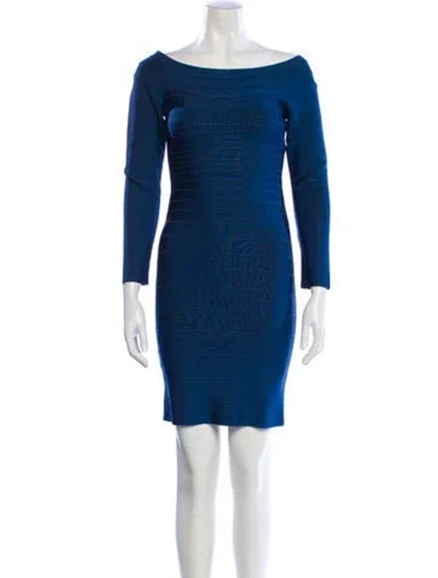 Pre-owned Herve Leger Bateau Neckline Mini Dress In Blue