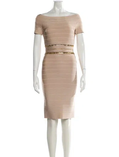 Pre-owned Herve Leger Bateau Neckline Mini Dress In Neutral