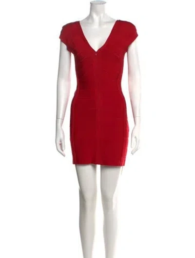 Pre-owned Herve Leger Bateau Neckline Mini Dress In Red