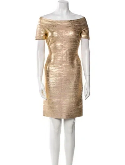 Pre-owned Herve Leger Bateau Neckline Mini Dress W/ Tags In Gold