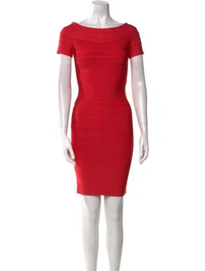 Pre-owned Herve Leger Bateau Neckline Mini Dress W/ Tags In Red