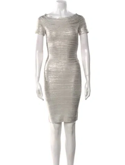 Pre-owned Herve Leger Bateau Neckline Mini Dress W/ Tags In Silver