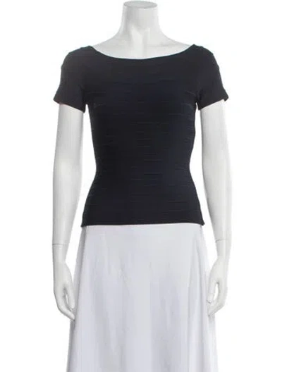 Pre-owned Herve Leger Bateau Neckline Short Sleeve Top In Blue