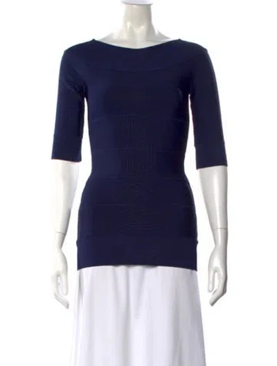 Pre-owned Herve Leger Bateau Neckline Three-quarter Sleeve Top In Blue