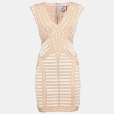 Pre-owned Herve Leger Beige Striped Knit Bandage Mini Dress L