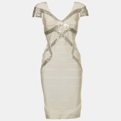 Pre-owned Herve Leger Beige/khaki Sequin Embellished Knit Bandage Dress S