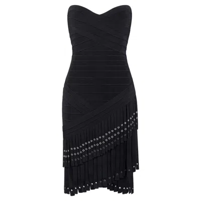 Pre-owned Herve Leger "belina" Black Asymmetric Fringe Eyelet Strapless Bandage Dress Nwt