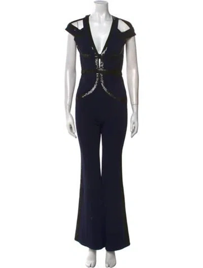 Pre-owned Herve Leger Bethany V-neck Jumpsuit In Blue