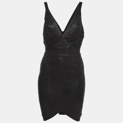 Pre-owned Herve Leger Black Knit Bandage Zip Up Mini Dress S