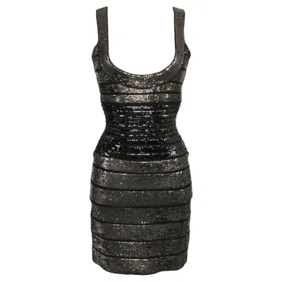 Pre-owned Herve Leger Hervé Léger Black Mesh Dress Embroidered With Sequins