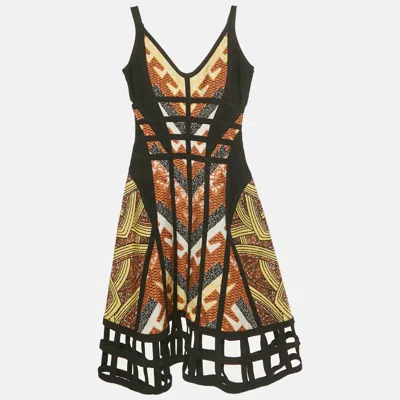 Pre-owned Herve Leger Black Printed Cut-out Mini Dress S