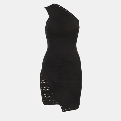 Herve Leger Black Stretch Knit One Shoulder Mini Dress