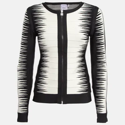 Pre-owned Herve Leger Black/white Patterned Knit Zip-up Britt Jacket M