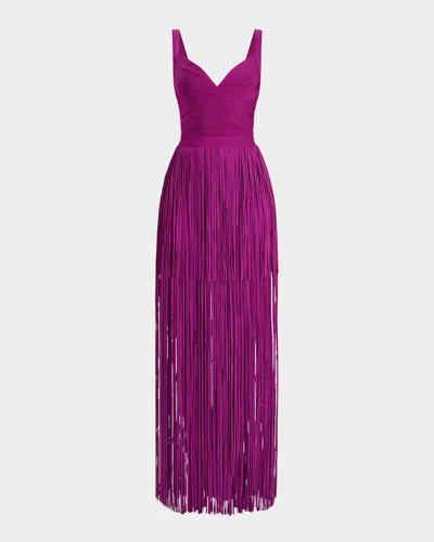 Herve Leger Blanca Tiered Fringe Sleeveless Gown In Dark Orchid