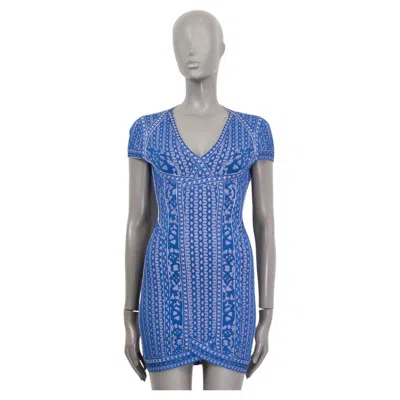 Pre-owned Herve Leger Blue & Pink Open Back Jacquard Dress S