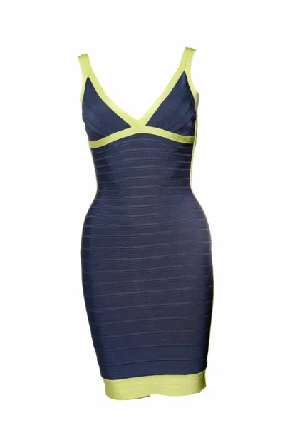 Herve Leger , Blue Bodycon Dress With Lime Green Framing In Size S.