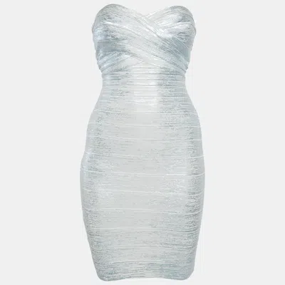 Pre-owned Herve Leger Blue Coated Knit Strapless Bandage Dress Xs