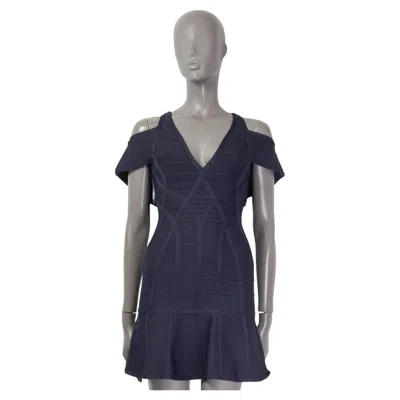 Pre-owned Herve Leger Blue Cold Shoulder Flared Bandage Dress Xs