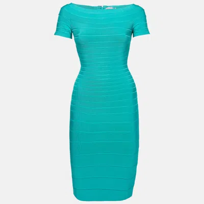 Pre-owned Herve Leger Hervé Léger Blue Knit Bandage Carmen Mini Dress Xs