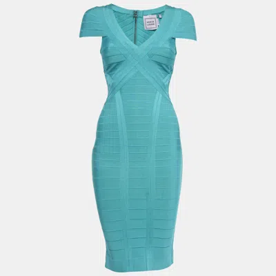 Pre-owned Herve Leger Blue Knit Bandage Layton Dress S