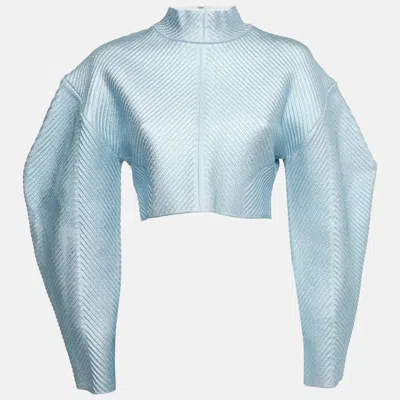 Herve Leger Blue Textured Lurex Knit Mock Neck Sweatshirt